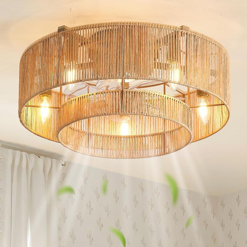 Photo 1 of 20'' Rattan Boho Ceiling Fan with Light, Enclosed Caged Ceiling Fans with Lights and Remote Control, Coastal Flush Mount with Reversible 6 Speeds for Living Room Bedroom Kitchen