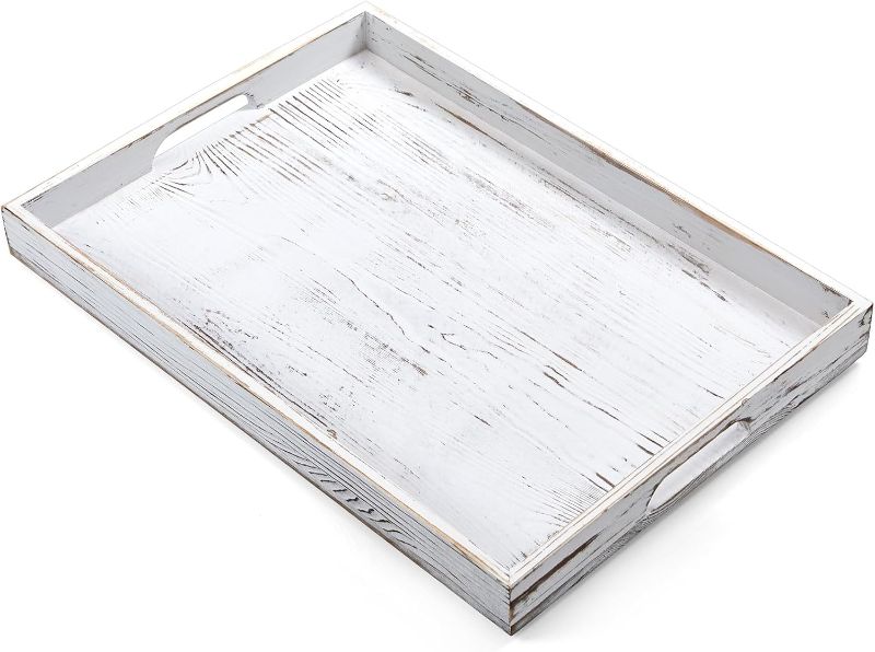 Photo 1 of 17 Inch Rustic White Serving Tray with Handles - Large Wooden Tray for Ottoman, Breakfast in Bed, Dinner, Coffee Table - Decorative Rectangular Tray for Living Room Bedroom Entryway and Kitchen Decor
