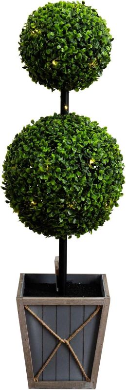 Photo 1 of **minor damage, can be repaired** Nearly Natural 3ft. UV Resistant Artificial Double Ball Boxwood Topiary with LED Lights in Decorative Planter (Indoor/Outdoor)