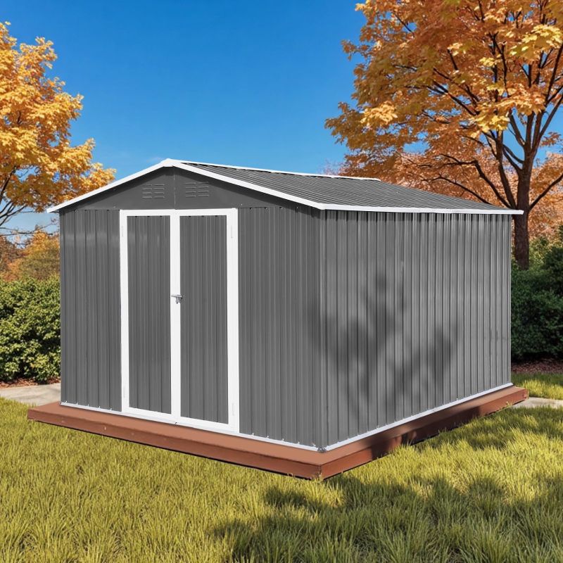 Photo 1 of 10' x 8' XL Outdoor Storage Shed, Sturdy Metal Building w/Lockable Doors for Garden, Backyard, Poolside and Lawn, Grey