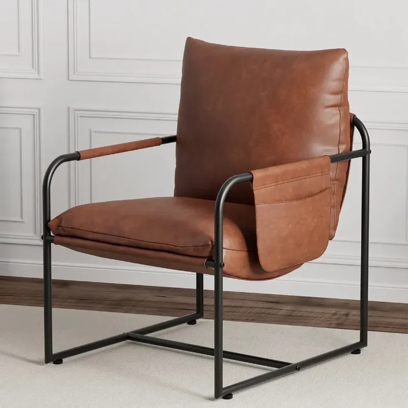 Photo 1 of **broken arm** Hommpa Accent Chair Morden Arm Chair Metal Frame with Removable Storage Bag,Sling Accent Chair PU Leather for Living Room Bedrooms Home Theater,Brown
