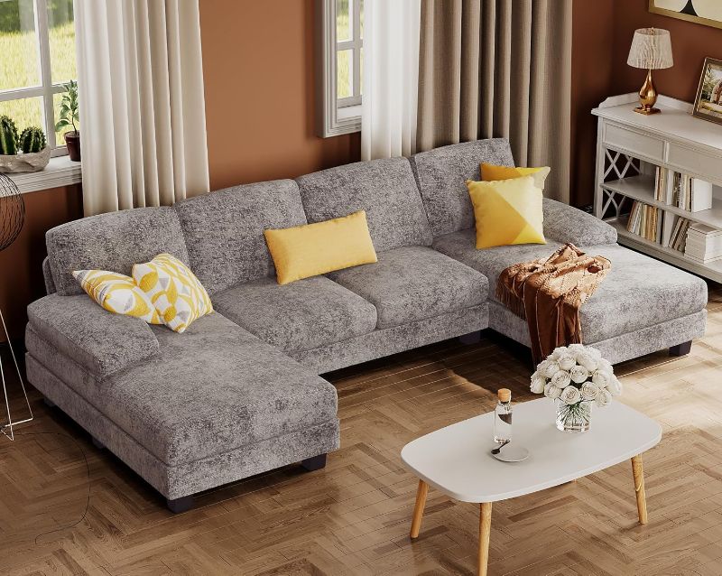 Photo 1 of  ++2 BOX++++NOT COMPLETE++++Furmax Sectional Couches for Living Room, U-Shaped Sofa Couch with Linen Fabric, 4 Seat Sofa Set with Double Chaise for Apartment (Fabric, Grey)
