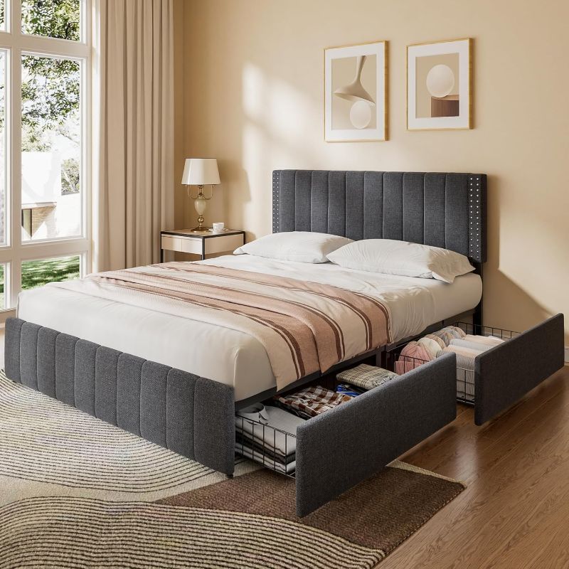 Photo 1 of ++NOT COMPLETE++Gizoon Queen Bed Frames with 4 Storage Drawers on Wheels and Headboard Adjustable, Fits 6" to 12" Mattress, No Box Spring Needed (Dark Grey)
