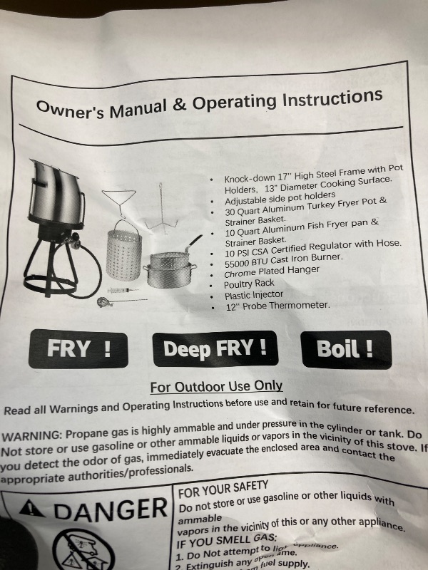 Photo 1 of ***MISSING PARTS ****VIVOHOME 30 Qt. Aluminum Turkey Deep Fryer Pot with Injector Thermometer Kit and 54, 000 BTU Outdoor Propane Stove Burner Stand for 20 Lbs Turkey