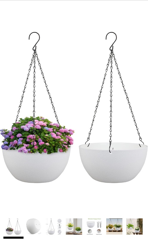 Photo 1 of 10 inch Hanging Planters for Indoor Outdoor Plants, 2 Pack Hanging Flower Pots with Drainage Holes and Chain for Garden Balcony Porch, Round Plastic Hanging Baskets for House Plants, White