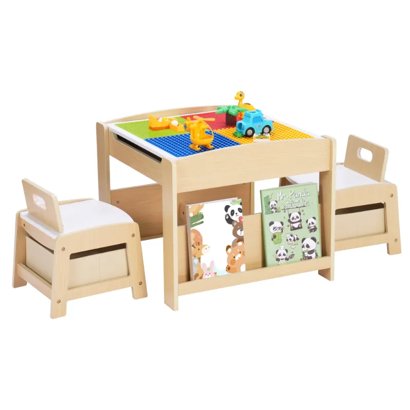 Photo 1 of 2 in 1 Kids Table and Chair Set,Reading,Build Blocks,with Bookshelves and Storage Drawer,Brown White
