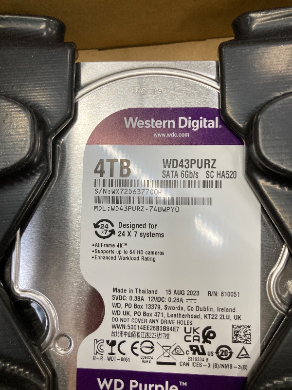 Photo 1 of ***CONNECTION ISSUE***WD Purple 4TB Surveillance Hard Disk Drive - 5400 RPM Class SATA 6 Gb/s 64MB Cache 3.5 Inch - WD40PURZ (Renewed)
