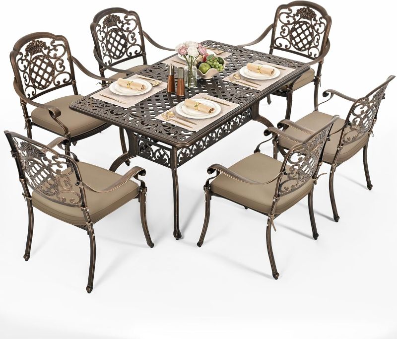 Photo 1 of ***ONLY THE TABLE/NO CHAIRS***Pamapic 7-Piece Patio Dining Set,Outdoor Cast Aluminum Furniture Set with Vintage Table Top,Outdoor Furniture Set with 6 Outdoor Stackable Chairs for Patio Garden Poolside (with 6 Cushion,Bronze)