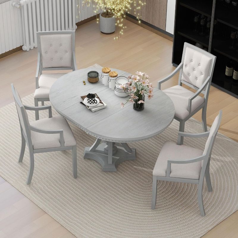 Photo 1 of ++NOT COMPLETE++5-Piece Wooden Round, Retro-Style Extendable Table with 4 Upholstered Chairs with Armrest,Family Dining Room Set for Kitchen,Antique Gray
