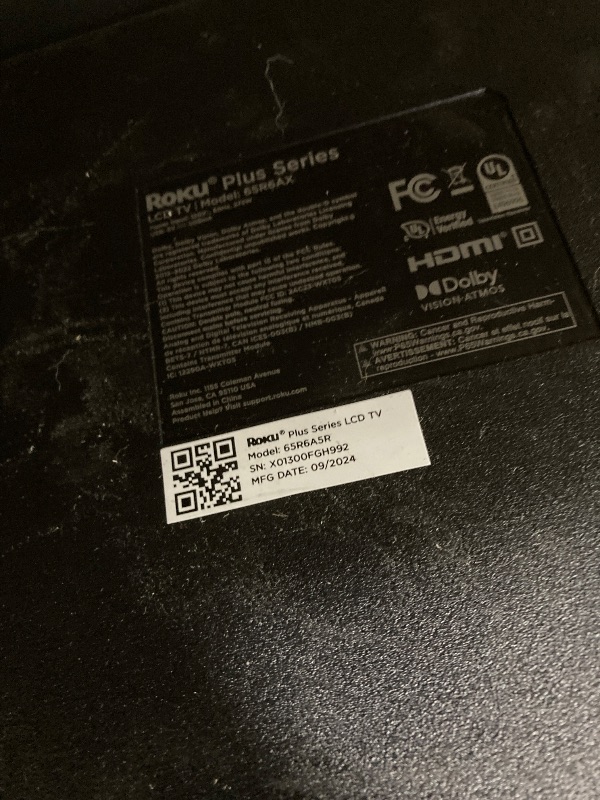 Photo 1 of ***PARTS ONLY***
Roku Smart TV – 65-Inch Plus Series 4K QLED RokuTV with Roku Voice Remote Pro, Dolby Vision, Striking 4K Resolution, Automatic Brightness, & Seamless Streaming – Live Local News & Sports