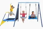Photo 1 of 440lbs Kids Swing Set, 3-in-1 Outdoor Playground with Saucer Swing, Belt Seat & 4ft Trampoline, Heavy Duty A-Frame Metal Stand & Safety Stakes, Backyard Playset for Toddlers 3-8 Years Old