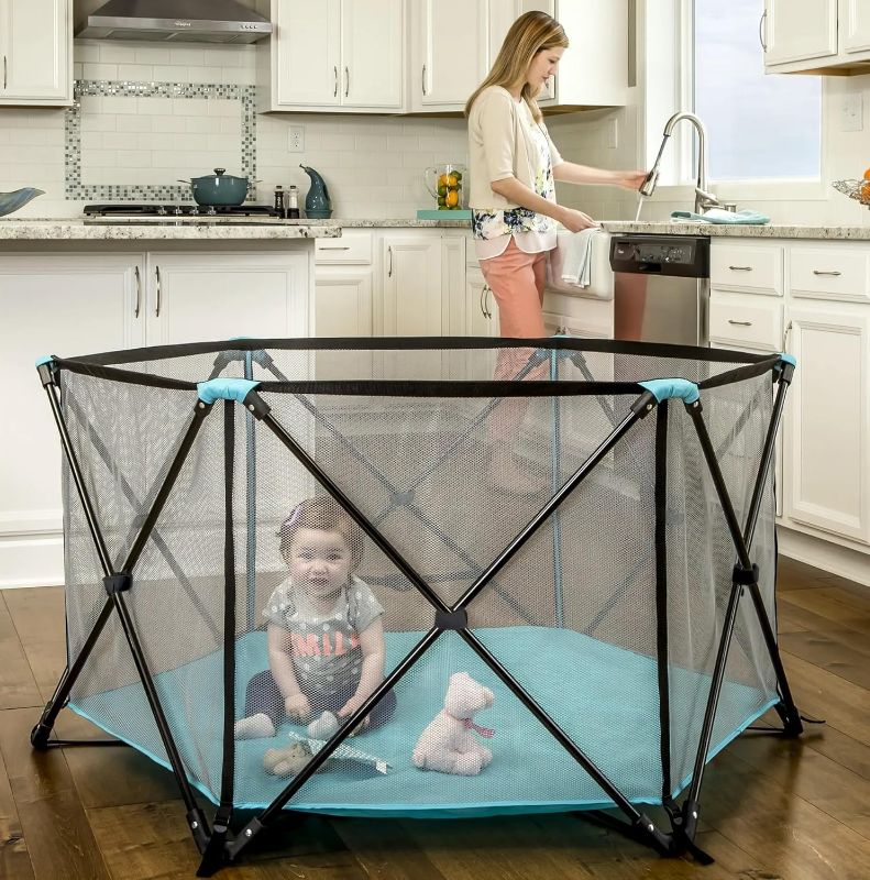 Photo 1 of  My Portable Play Yard Indoor and Outdoor, Washable, Aqua, 6-Panel, 48 Inch