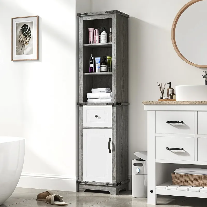 Photo 1 of 63"H Bathroom Storage Cabinet 6-Tier, Linen Cabinet with Door & Adjustable Shelves & Drawers, Narrow Tall Corner Cabinet **** Store sealed item, is opened for picturing *****