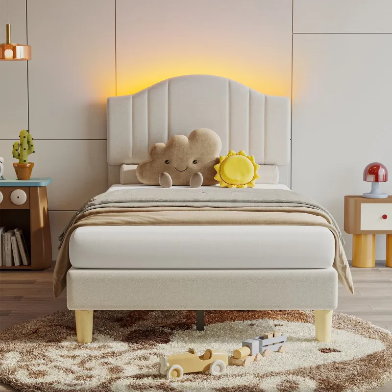 Photo 1 of ***PARTS ONLY***
Pinmoco Twin Upholstered Bed Frame with Adjustable Arc-shaped Headboard, LED Platform Bed, Fabric Beige

