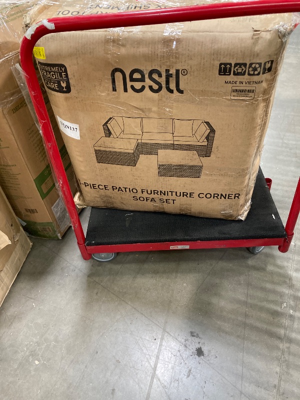 Photo 1 of **OTTOMAN ONLY W/GLASS***Nestl Outdoor Patio Furniture OTTOMAN ONLY WITH GLASS, Brown Base/Beige Cushions ***(BOX RIPPED/TORN)***