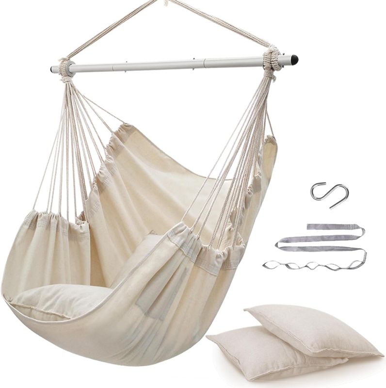 Photo 1 of ***MISSING STRAP***ADVOKAIR Hammock Chair Swing (500 lbs Max-2 Cushions) - Hanging Hammock Chair Rope Swing Indoor for Bedroom, Outdoor, Patio, Bedroom, Porch, Deck - Sturdy Steel Bar with Anti-Slip Safety Rings BEIGE