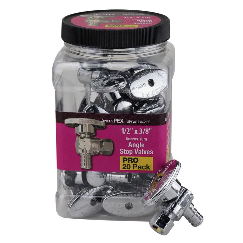 Photo 1 of 1/2 in. PEX-B Barb X 3/8 in. Compression Brass Quarter-Turn Angle Stop Valve Jar, Chrome-Plated Pro Pack (20-Pack)
