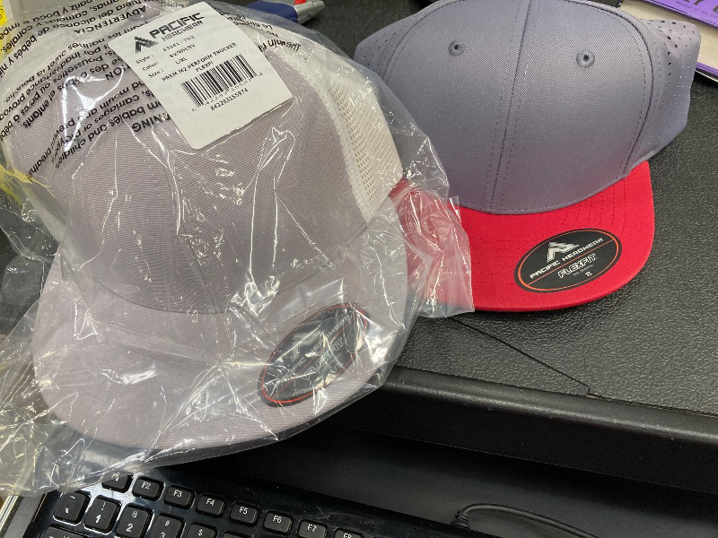 Photo 1 of 2 Pacific Headwear Standard Premium M2 Performance Trucker Flexfit Cap, Silver/White/Silver