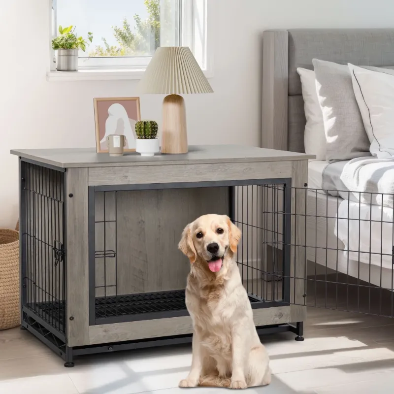 Photo 1 of ***MISSING HARDWARE**Walsunny Wooden Dog Crate Furniture,Double-Doors Kennel Indoor with Divider and Removable Tray,End Table Dog Crate for Decoration 44.1"L x 29.5"W x 32.3"H?Grey
