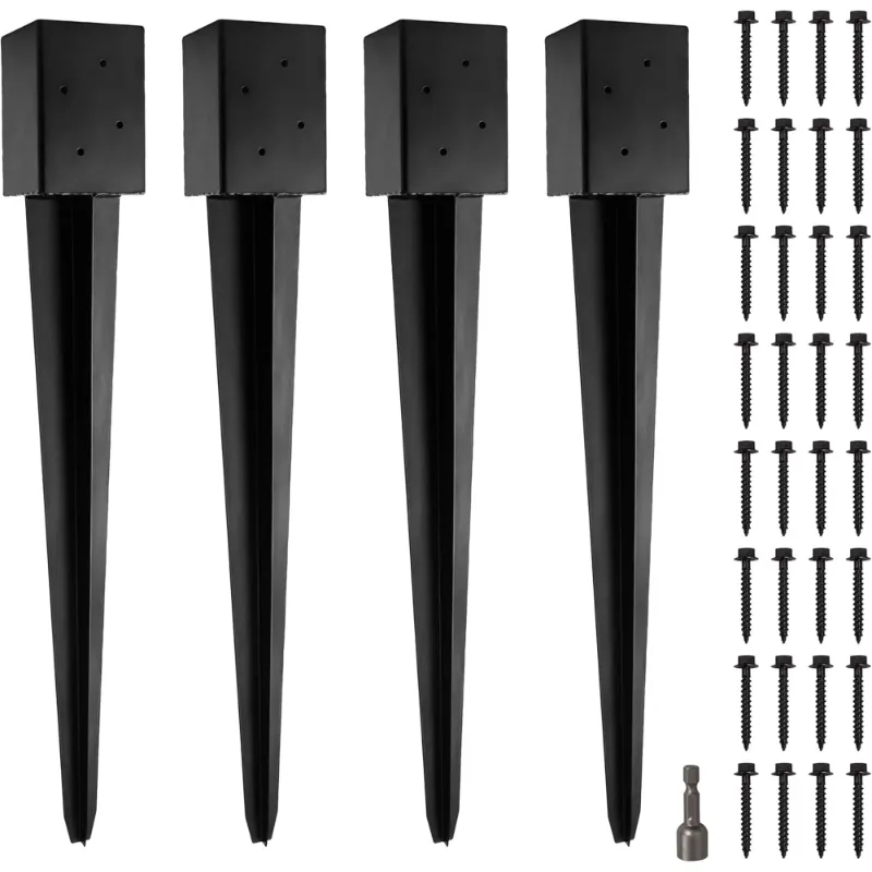 Photo 1 of (Pack of 4) VASGOR 4x4 Fence Post Anchor Ground Spike 36” Length Metal Black Powder Coated – Mailbox Post Anchors – Fit 3.5x3.5 Wood Post
