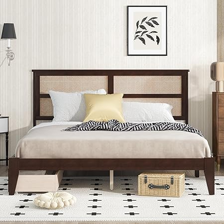 Photo 1 of ***PARTS ONLY***
King Size Bed with Rattan Headboard, Two Storage Drawers, Rubber Wood Bed with Enhanced Support Salts and Feet