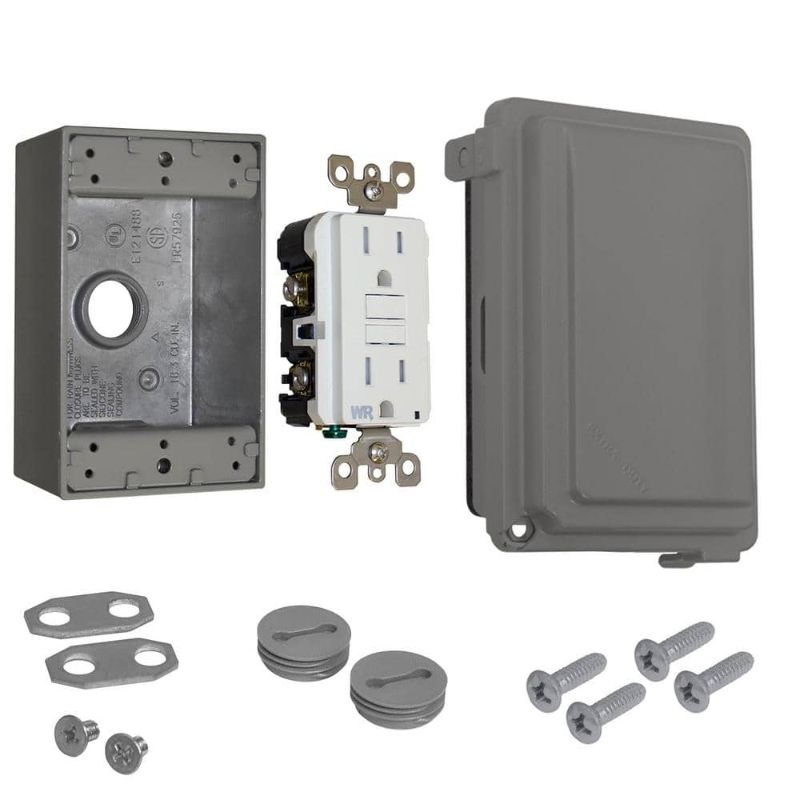 Photo 1 of 1-Gang Metal Weatherproof While in Use GFCI Receptacle Kit, Gray
