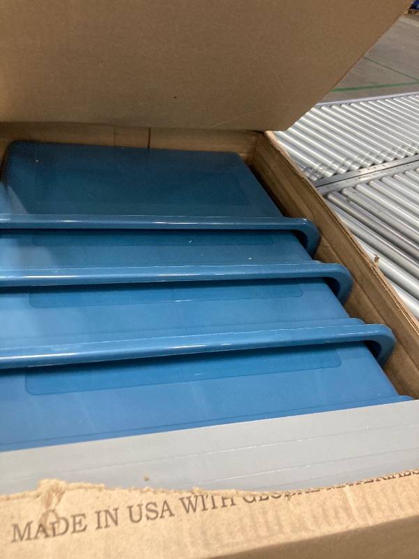 Photo 1 of ***ONE BOX HAS CRACK ON BOTTOM CORNER***IRIS USA File Box Plastic File Organizer for Letter/Legal File, Document Box, Durable Storage Bin Tote with Secure Latching Lid, Stackable, BPA-Free, Eco Friendly, Sustainable, Navy/Gray 35 Qt. 4 Pack