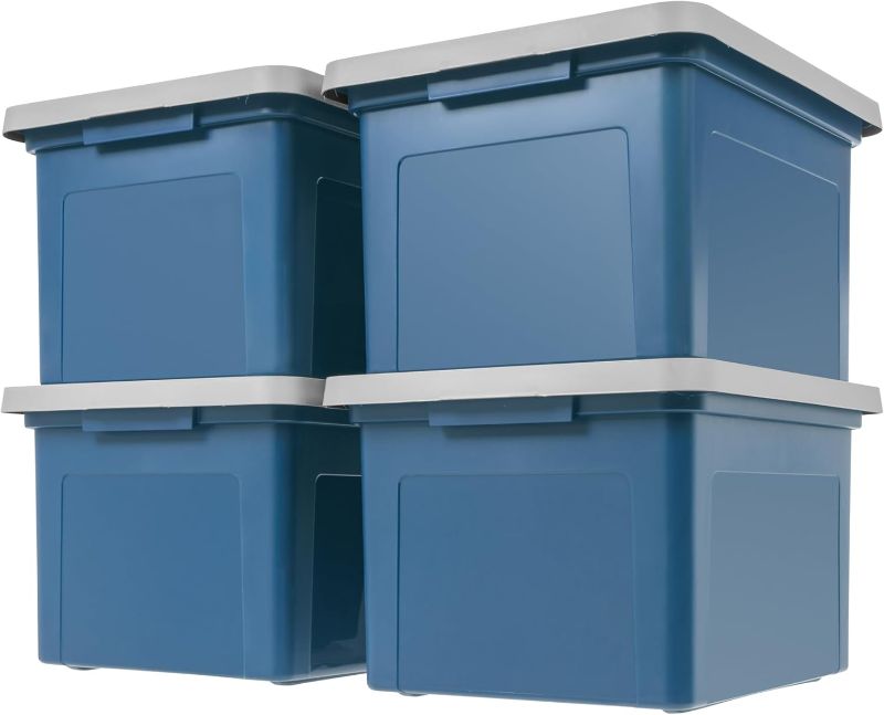 Photo 1 of ***ONE BOX HAS CRACK ON BOTTOM CORNER***IRIS USA File Box Plastic File Organizer for Letter/Legal File, Document Box, Durable Storage Bin Tote with Secure Latching Lid, Stackable, BPA-Free, Eco Friendly, Sustainable, Navy/Gray 35 Qt. 4 Pack