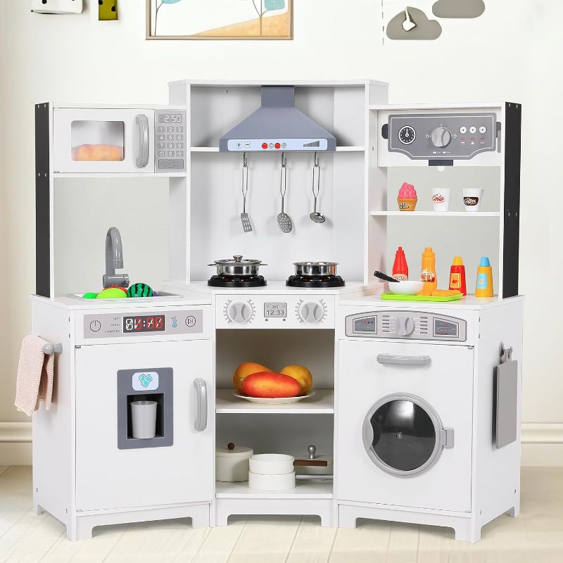 Photo 1 of  Interactive Wooden Toy Play Kitchen Playset for Kids with Lights and Sounds, Corner Design with Ice Maker, Oven, Sink, Clock, Microwaves, Refrigerator and Accessories, for Girls & Boys, White