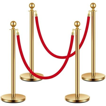 Photo 1 of  Stainless Steel Stanchion Post Queue with 2 Red Velvet Ropes Crowd Control Barriers with Fillable Base(4 PCS Golden)