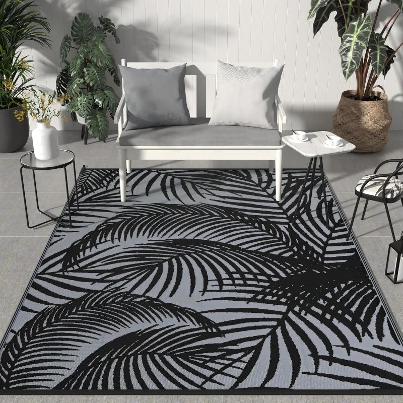 Photo 1 of  Outdoor Rug 6' x 9' Waterproof for Patio Clearance, Reversible Plastic Straw Camping Carpet, Lightweight Mats for Rv, Backyard, Deck, Porch, Picnic, Beach, Balcony, Mix-Black & Gray