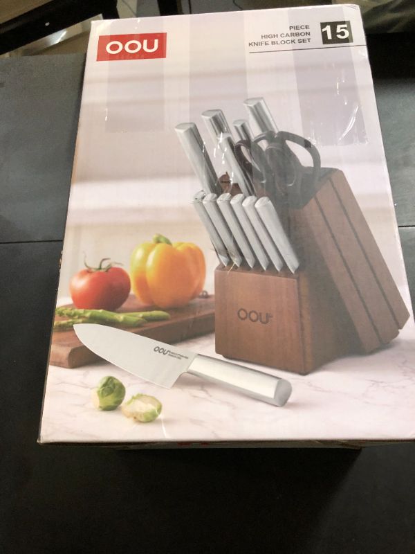 Photo 1 of OOU Kitchen Knife Set - 15 Pcs High Carbon Stainless Steel Chef Knife Sets, Dishwasher Safe Black Knives Block Set With Built in Sharpener, Best Christmas Gifts for Men Women