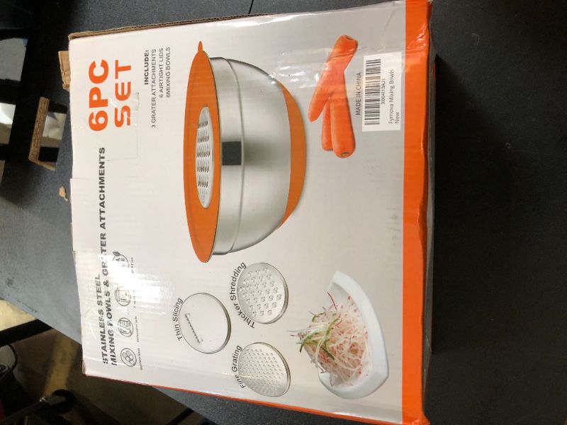 Photo 1 of Fyrnova Mixing Bowls with Lids Set, 6 Piece Stainless Steel Nesting Storage Bowls for Kitchen, with 3 Grater Attachments & Non-Slip Bottoms, Size 5.5,3.5,2.5,2.1,1.5,1.1 QT