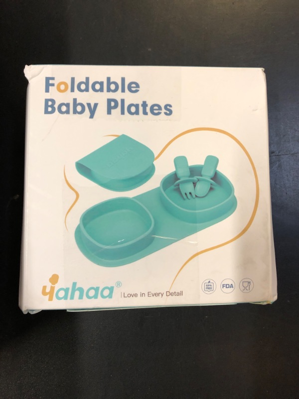 Photo 1 of yahaa Toddler Plates Travel Essential on the go,Baby Plates with Forks and Spoons Self Feeding 6 months,Foldable,Silicone,BPA Free,Aqua