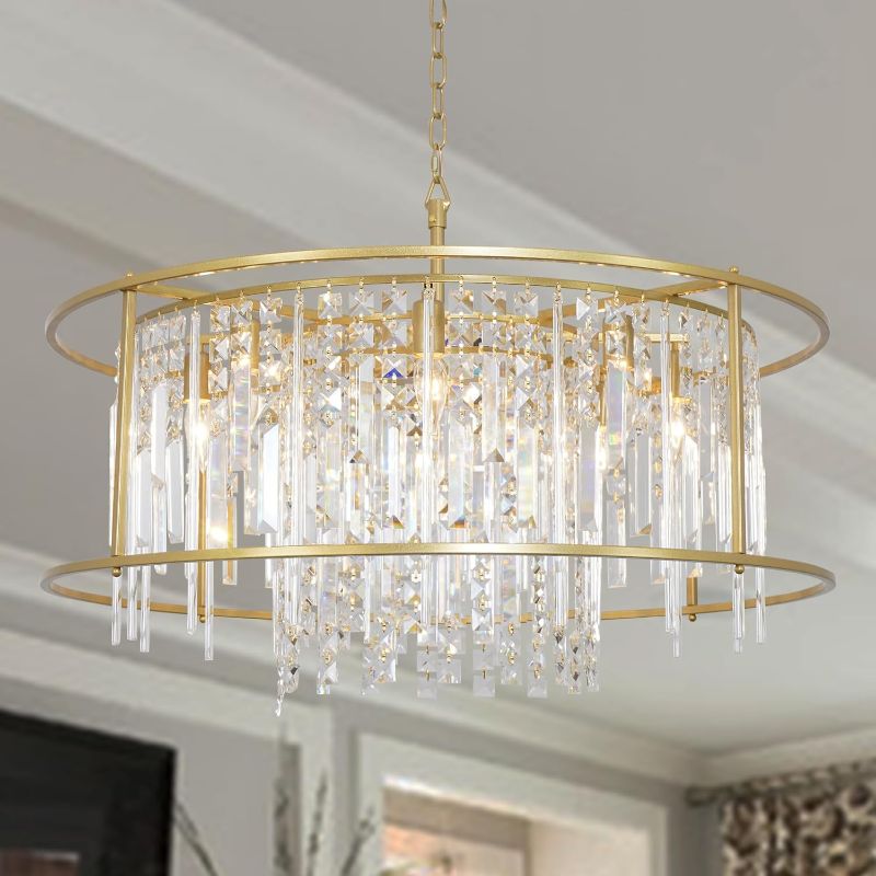 Photo 1 of MEELIGHTING 8-Light Crystal Chandelier Farmhouse Industrial Pendant Lights 31 Inch Modern Fixture UL Listed Luxury Circular Gold Ceiling Light for Kitchen...
