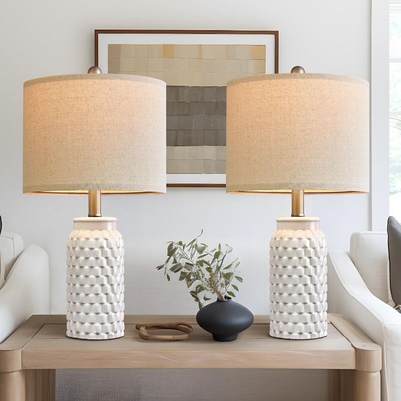 Photo 1 of USumkky 24" Modern Ceramic White Bedside Lamp Set of 2 Table Lamp for Bedroom Decor Farmhouse Table Lamp for Living Room Office Dorm