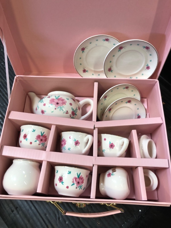 Photo 1 of Porcelain Tea Set for Girls, Tea Party Set for Little Girls, Kids Tea Set Kitchen Pretend Play, Princess Tea Time Playset with Teapot Cups Carry Case, Toddler Girl Toys Birthday Gifts Age 3+