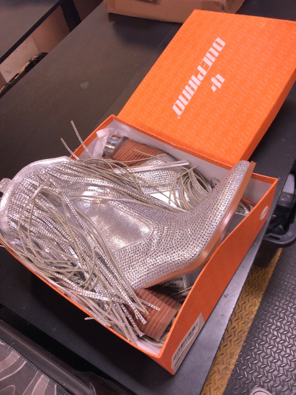 Photo 1 of Ouepiano Cowboy Boots for Women - Cowgirl Rhinestone Boots with Sparkly Fringe Pointed Toe Western Boot Chunky Heel Pull-On Wide Calf Silver Botas Vaqueras Size 8