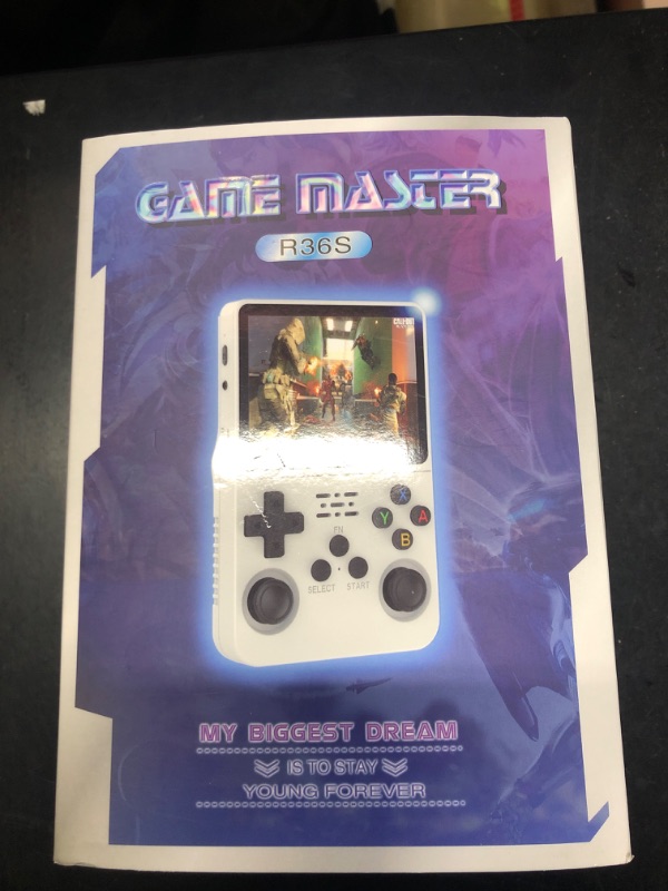 Photo 1 of R36S Retro Handheld Game Console, 3.5 inch Handheld Game Console, Mini Retro Video Console, Dual 3D Joysticks, 11 Emulators, 64GB 15000+ Games (Transparent Purple with Bag)