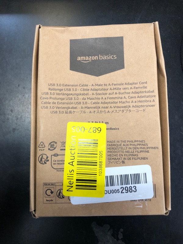 Photo 1 of Amazon Basics USB-A 3.0 Extension Cable, 4.8Gbps High-Speed, Male to Female Gold-Plated Connectors, 3.3 Foot, Black