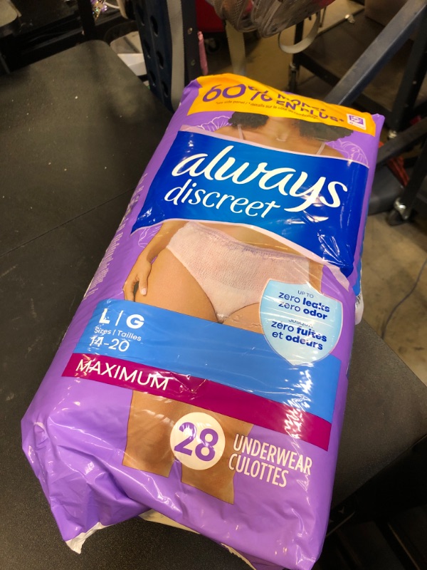 Photo 1 of Always Discreet Adult Incontinence Underwear for Women and Postpartum Underwear, L, Up to 100% Bladder Leak Protection, 28 Count (Packaging May Vary)