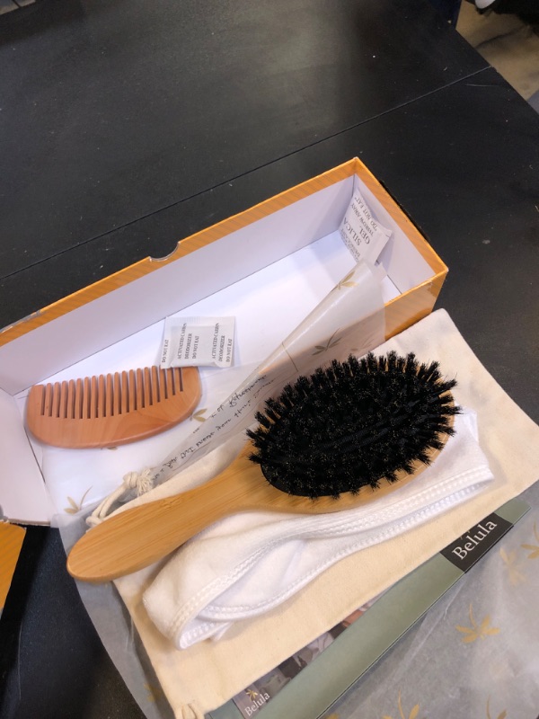 Photo 1 of 100% Boar Bristle Hair Brush for Women Set by Belula (L Size). Soft Natural Bristles for Thin and Fine Hair. Wooden Comb, Travel Bag and Spa Headband Included!