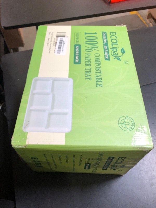 Photo 1 of ECOLipak 100% Compostable 5 Compartment Plates, 100 Pack Disposable Compartment Paper Plates, 12.5 * 8.6 inch Biodegradable Sugarcane Plates, Eco-Friendly School Lunch Trays