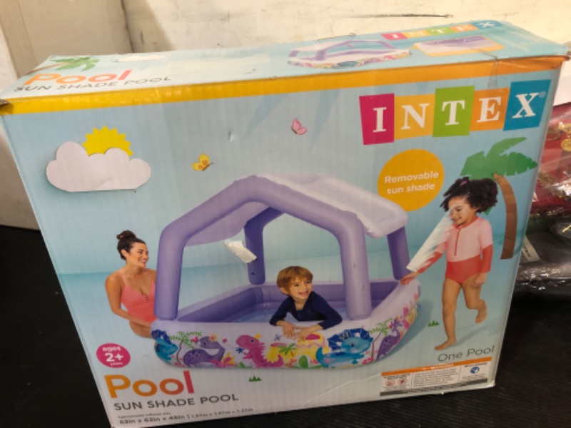 Photo 1 of Intex 57470EP Sun Shade 5 Foot Square Inflatable Durable 10 Gauge Vinyl Kiddie Pool with Ocean Scene and Canopy for Ages 3 Years and Up, Multicolor