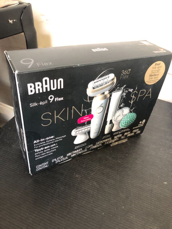 Photo 1 of Braun Epilator Silk-épil 9 Flex SkinSpa, Hair Removal Device, 360 Flex and Pivoting Head, Wet and Dry, Includes Shaver Head, Trimmer Comb, Massage Pad, Exfoliation Brush and BodyTrimmer, SES9-481 3D