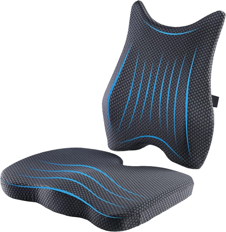 Photo 1 of Seat Cushion & Lumbar Support Pillow: Memory Foam Chair Pad Back Cushion for Office Chair Car Seat Wheelchair Travel, Reduce Tailbone Pressure and...
