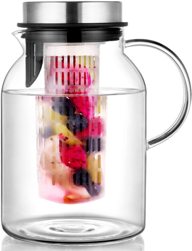 Photo 1 of Glass Water Pitcher, Fruit Infuser Pitcher with Removable Lid, High Heat Resistance Infusion Carafe for Hot/Cold Water, Flavor-Infused Beverage & Iced...
