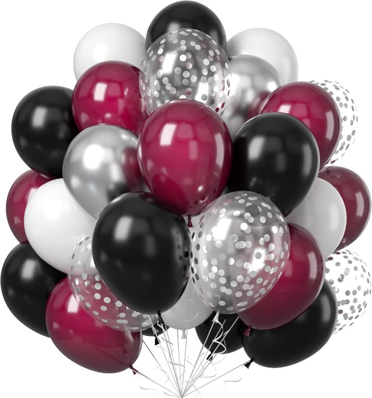 Photo 1 of Balloons Burgundy Black Silver, Wine Red Black Party Balloon Maroon Metallic Chrome Silver Balloons and Silver Confetti Helium Latex Balloons for Birthday...

