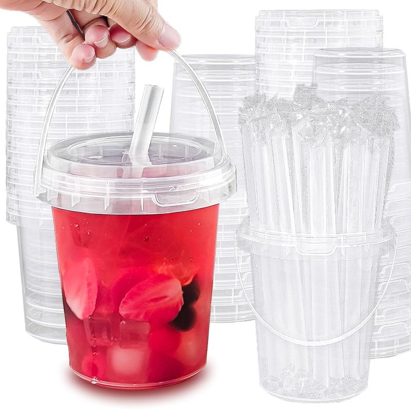 Photo 1 of 
30 Sets - 34 oz Plastic Cups with Lid and Straw,Disposable Coffee Cups with Lids for Iced Coffee,Smoothie,Milkshake,Cold & Hot Drinks, Sturdy/Food Safe/Reusable Clear Party Cups for Pool, Beach Party
