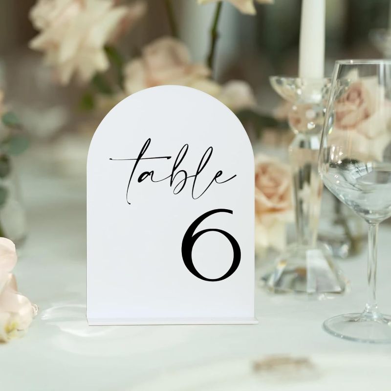 Photo 1 of HOODO White Arch Wedding Table Numbers 1-10 with Stands, 5"x7" Arched Acrylic Signs and Holders, White Arch Table Numbers for Wedding Reception, Centerpiece, Party, Anniversary, Event
